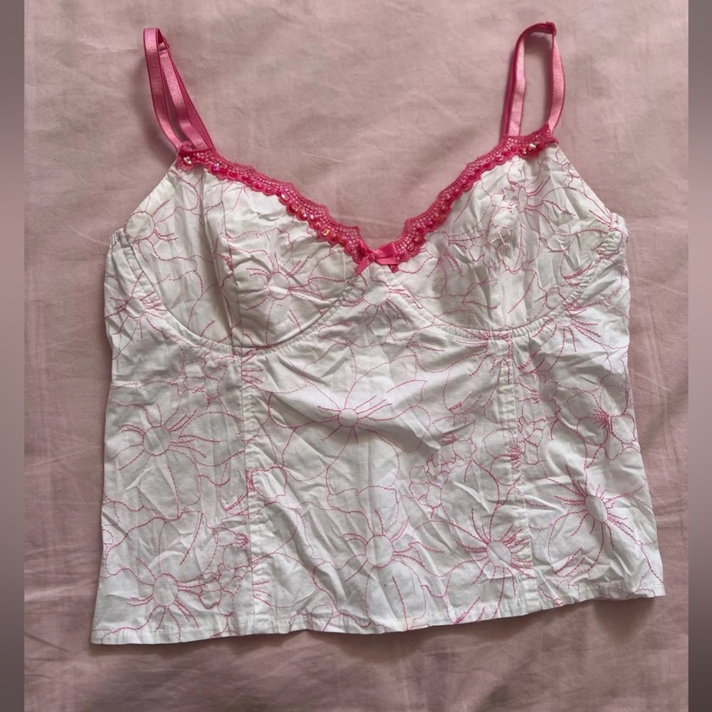 White and Pink Floral Embroidered Beaded Bow Bustier Top